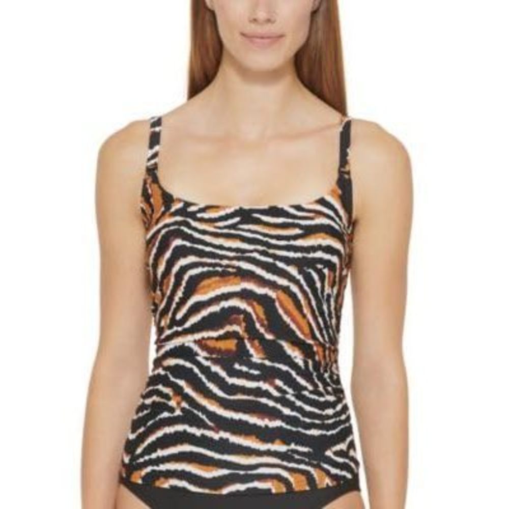 DKNY Tiger Black Multi Printed Square-Neck Tankini Swim Top US Medium